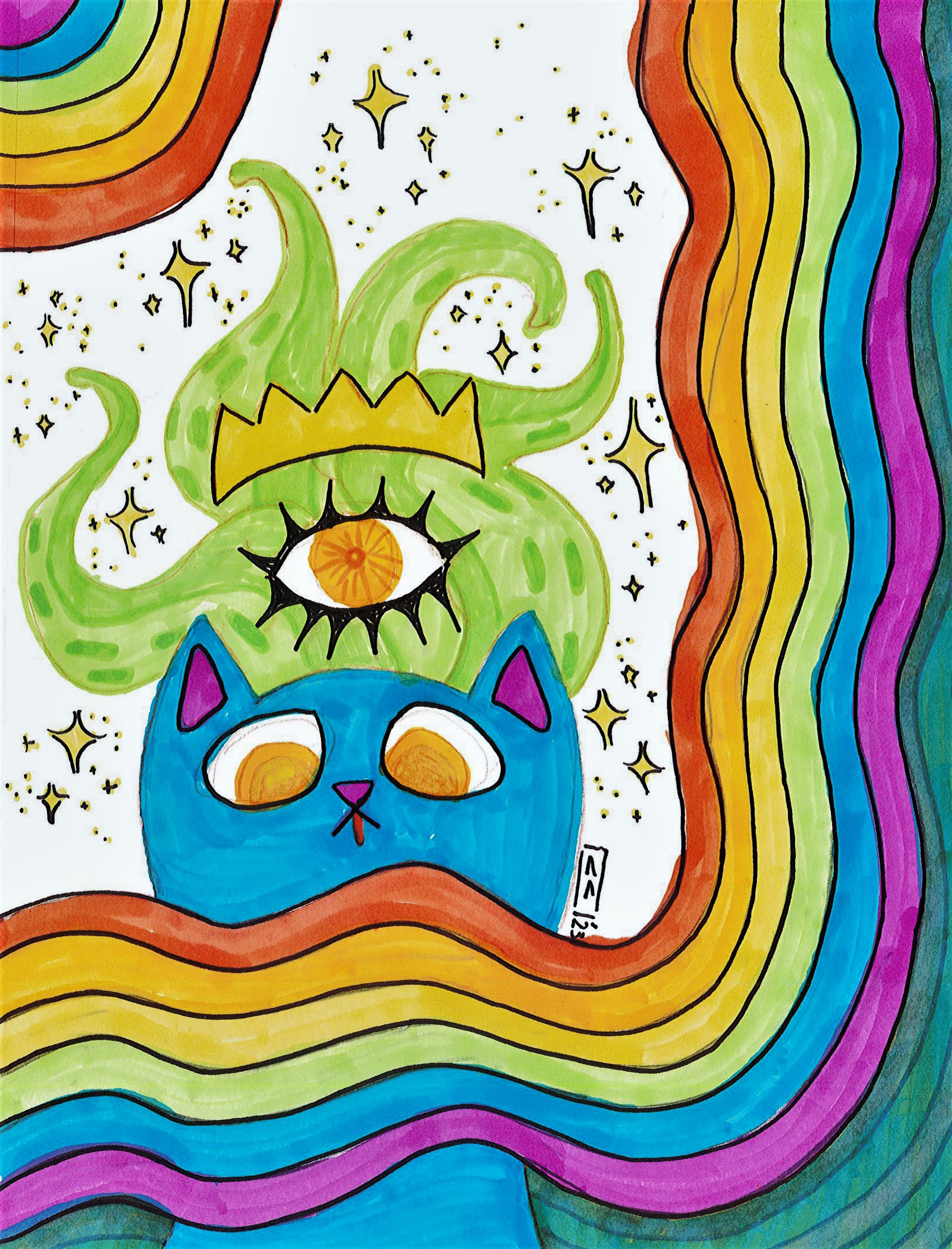 a colorful drawing of a kitty behnd a rainbow, with an eye and tentacles coming out of it