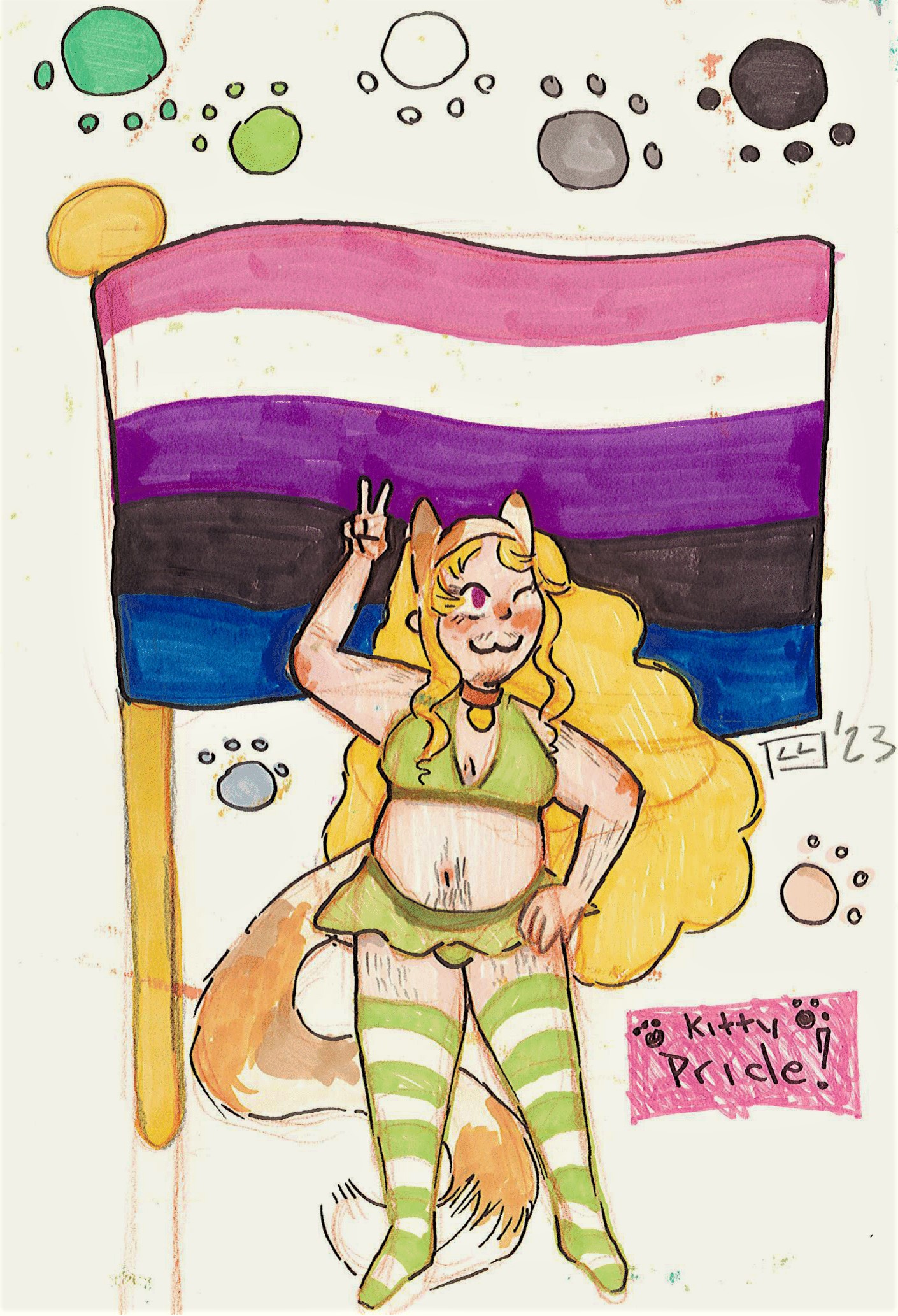 me! with a genderfluid and aromantic flag behind me